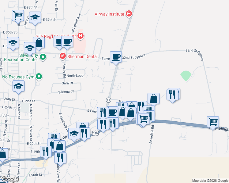 map of restaurants, bars, coffee shops, grocery stores, and more near 2800 Pinos Altos Road in Silver City