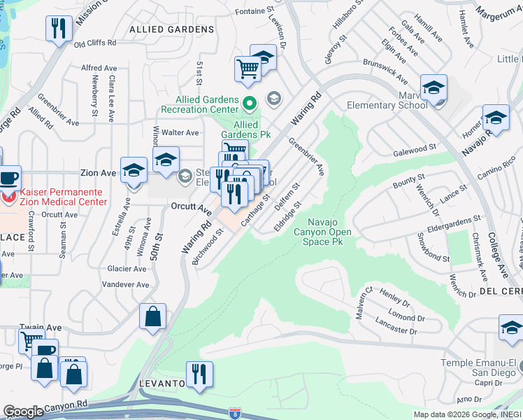 map of restaurants, bars, coffee shops, grocery stores, and more near 6591 Carthage Street in San Diego