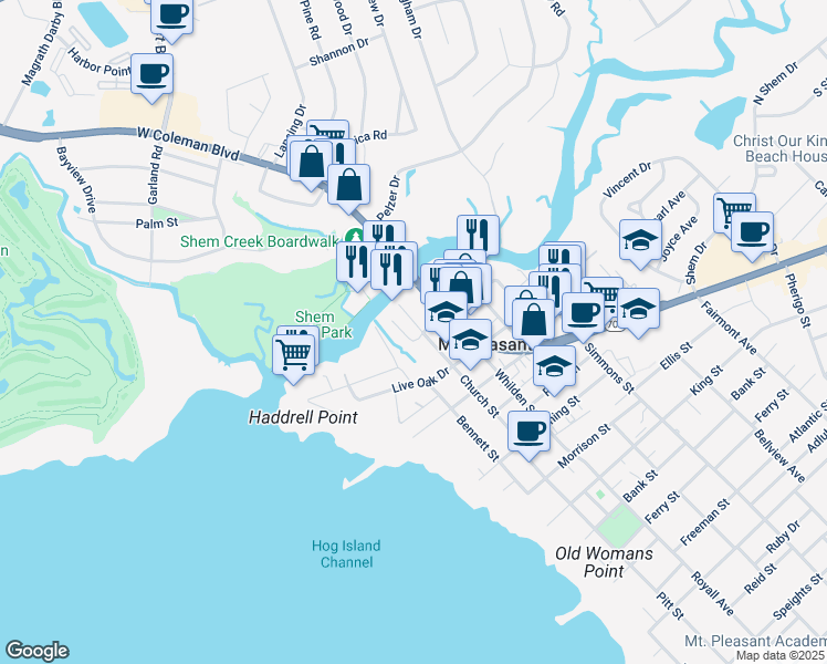map of restaurants, bars, coffee shops, grocery stores, and more near 111 Coleman Boulevard in Mount Pleasant