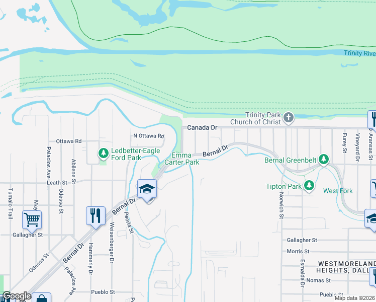 map of restaurants, bars, coffee shops, grocery stores, and more near 4122 Pluto Street in Dallas
