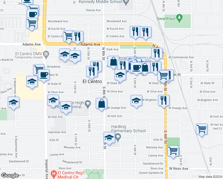 map of restaurants, bars, coffee shops, grocery stores, and more near 752 W Olive Ave in El Centro