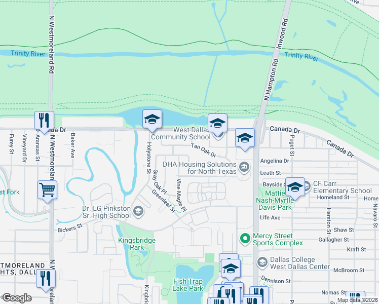 map of restaurants, bars, coffee shops, grocery stores, and more near 2521 Tan Oak Drive in Dallas