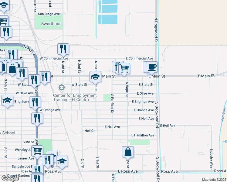 map of restaurants, bars, coffee shops, grocery stores, and more near 280 South Fairfield Drive in El Centro