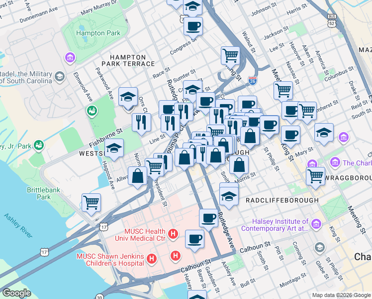 map of restaurants, bars, coffee shops, grocery stores, and more near in Charleston