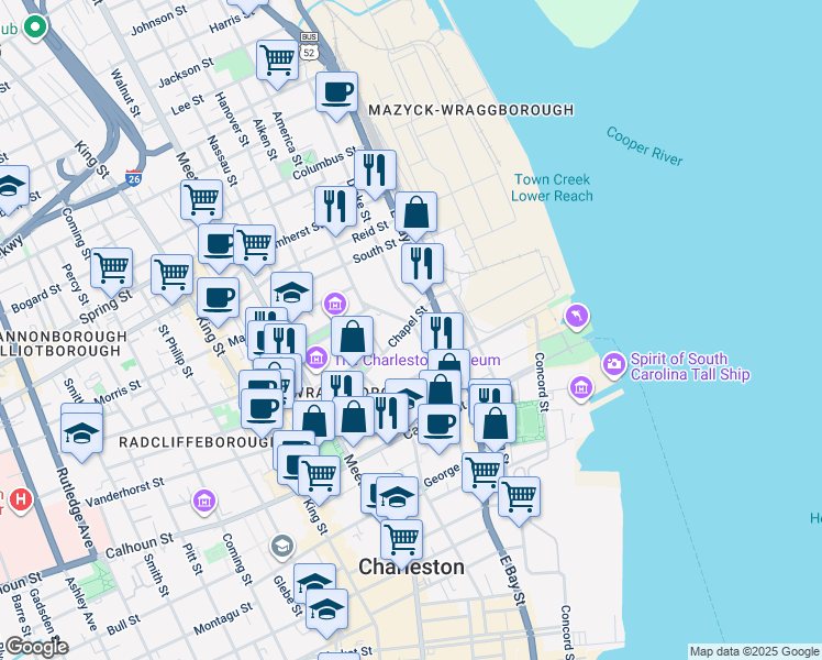 map of restaurants, bars, coffee shops, grocery stores, and more near 18F Chapel Street in Charleston
