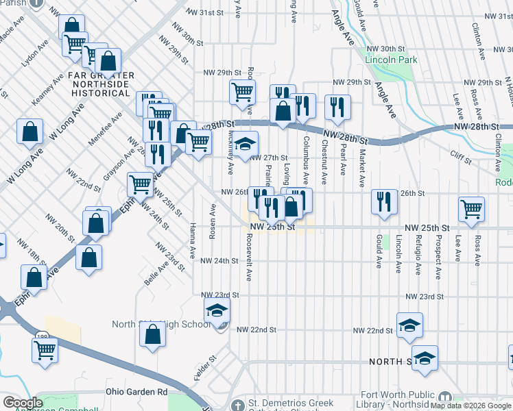 map of restaurants, bars, coffee shops, grocery stores, and more near 2524 Roosevelt Avenue in Fort Worth