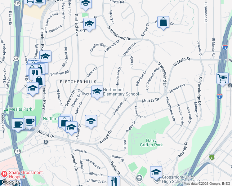 map of restaurants, bars, coffee shops, grocery stores, and more near 9490 Gregory Street in La Mesa