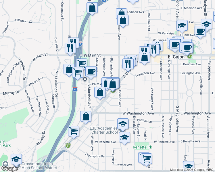 map of restaurants, bars, coffee shops, grocery stores, and more near 838 Palm Avenue in El Cajon