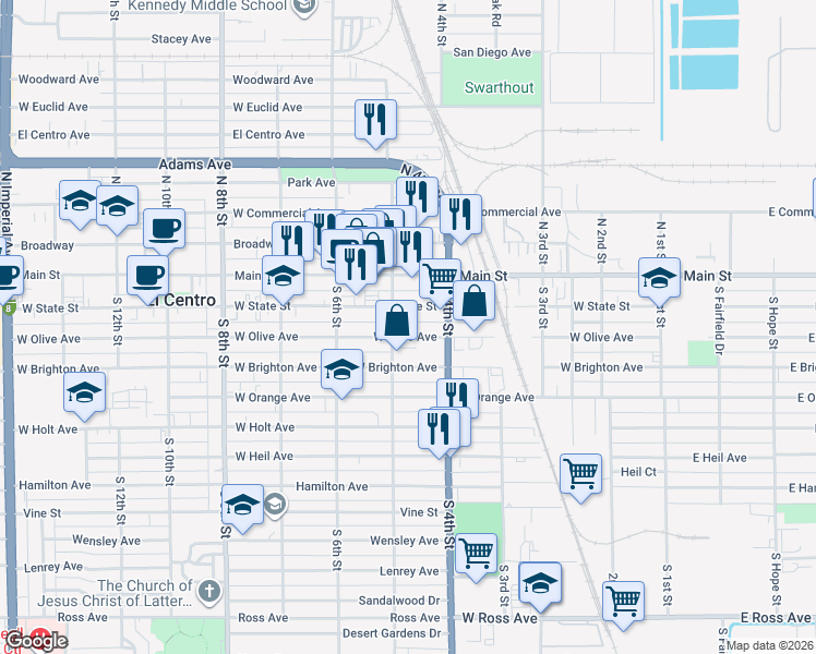 map of restaurants, bars, coffee shops, grocery stores, and more near 465 W State St in El Centro