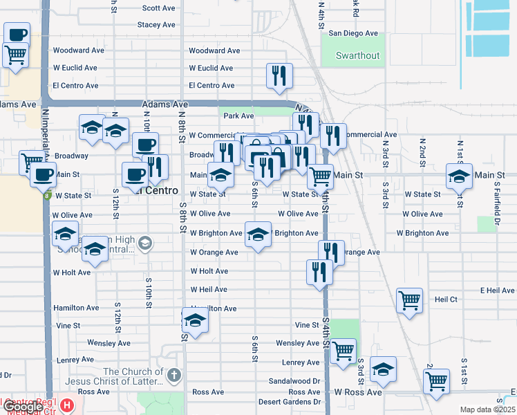 map of restaurants, bars, coffee shops, grocery stores, and more near 210 South 6th Street in El Centro