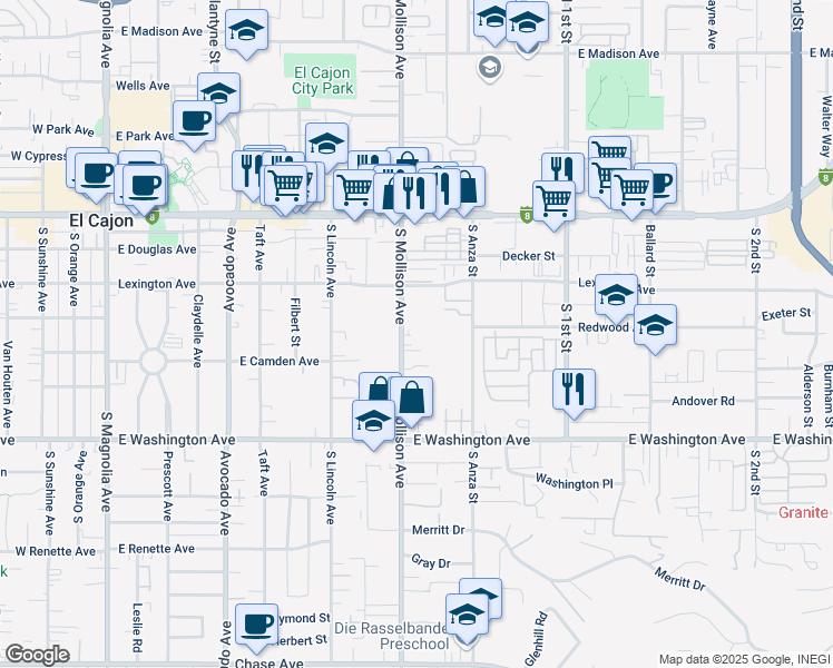 map of restaurants, bars, coffee shops, grocery stores, and more near 421 South Mollison Avenue in El Cajon