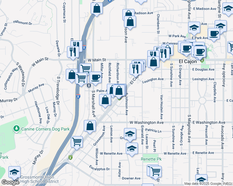 map of restaurants, bars, coffee shops, grocery stores, and more near 838 Palm Avenue in El Cajon