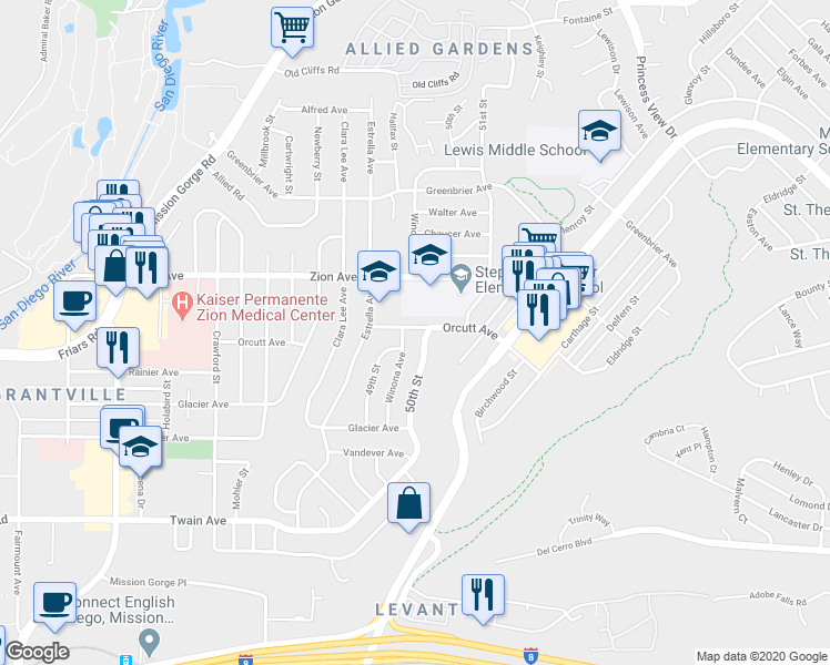 map of restaurants, bars, coffee shops, grocery stores, and more near 5010 Orcutt Avenue in San Diego
