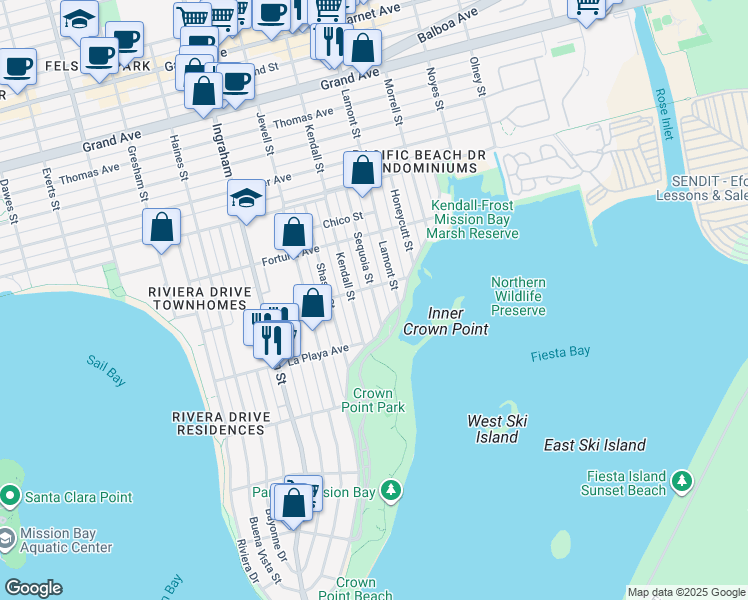 map of restaurants, bars, coffee shops, grocery stores, and more near 1804 Roosevelt Avenue in San Diego