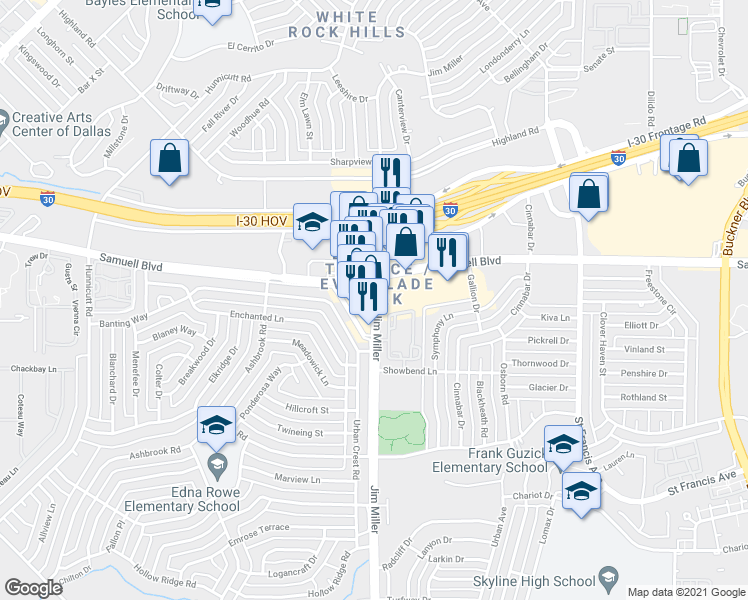 map of restaurants, bars, coffee shops, grocery stores, and more near 5440 North Jim Miller Road in Dallas