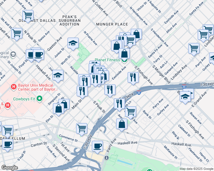 map of restaurants, bars, coffee shops, grocery stores, and more near 8 Main Place in Dallas