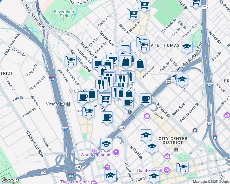 map of restaurants, bars, coffee shops, grocery stores, and more near 2017 Cedar Springs Road in Dallas