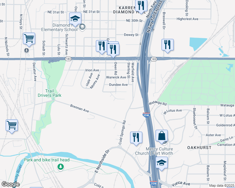 map of restaurants, bars, coffee shops, grocery stores, and more near 2417 Oxford Avenue in Fort Worth