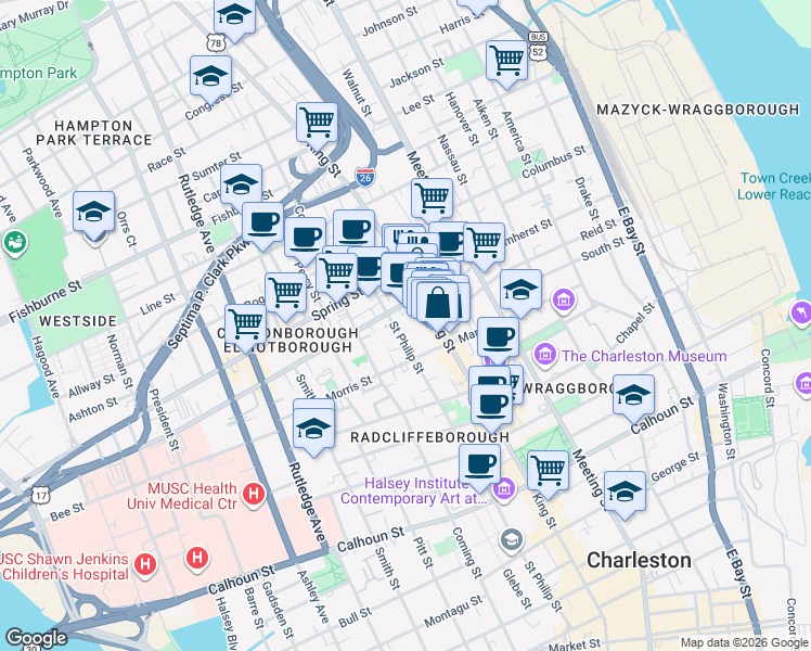 map of restaurants, bars, coffee shops, grocery stores, and more near 7 Cannon Street in Charleston