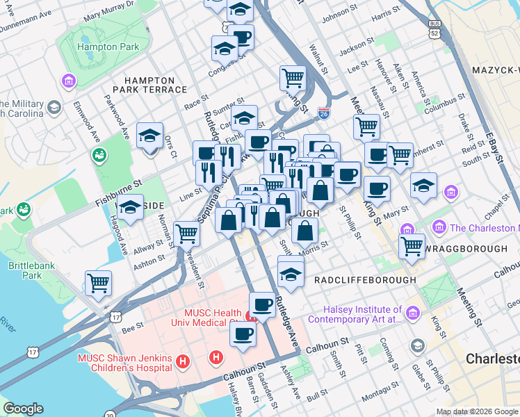 map of restaurants, bars, coffee shops, grocery stores, and more near 2 Peecksens Court in Charleston