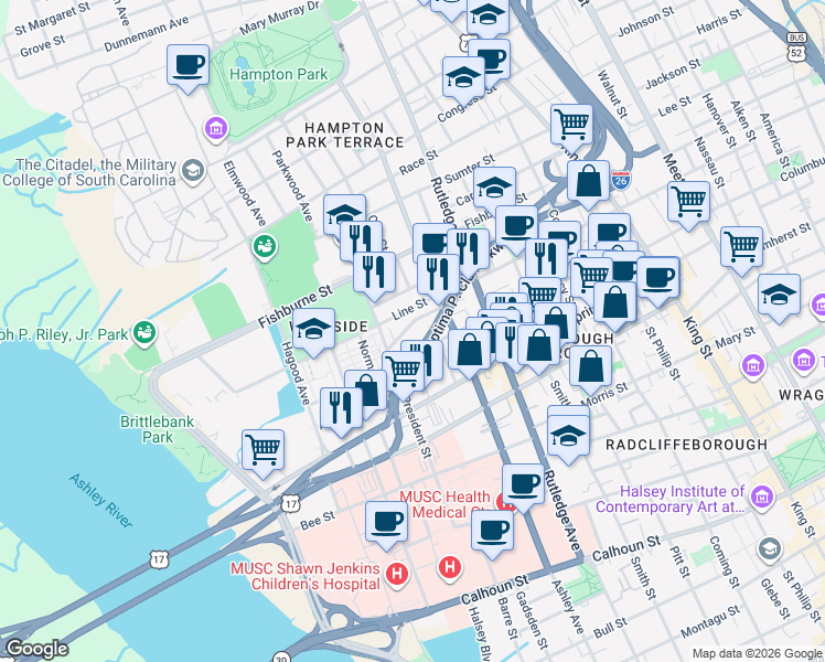 map of restaurants, bars, coffee shops, grocery stores, and more near 203 Line Street in Charleston