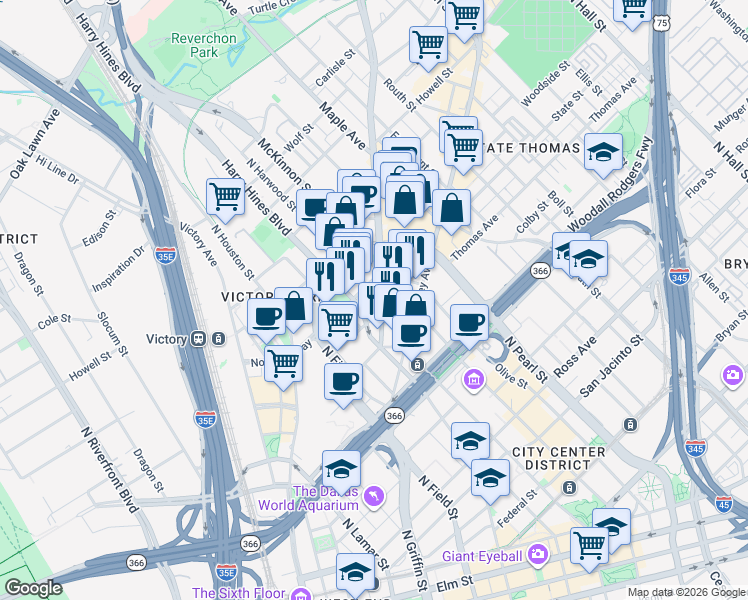 map of restaurants, bars, coffee shops, grocery stores, and more near 2011 Cedar Springs Road in Dallas