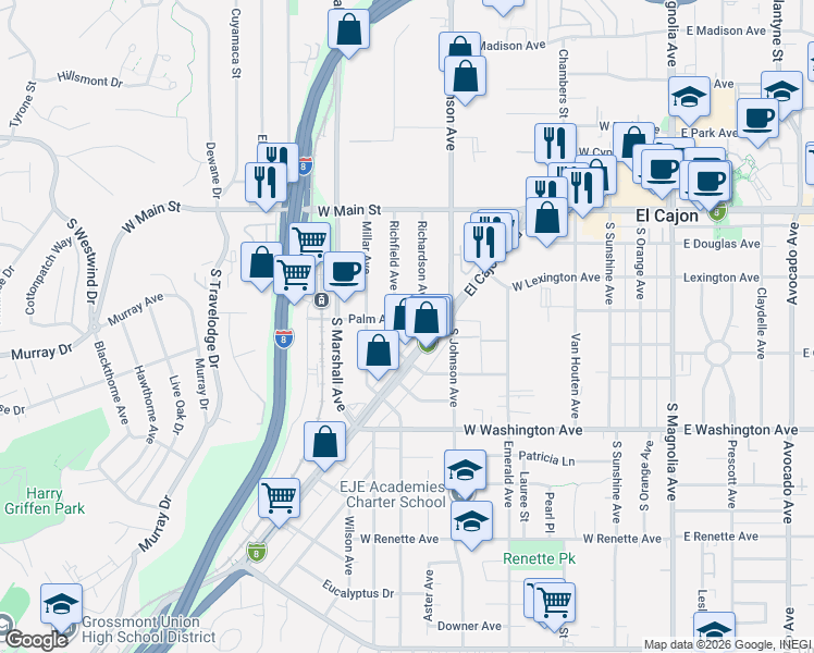 map of restaurants, bars, coffee shops, grocery stores, and more near 838 Palm Avenue in El Cajon