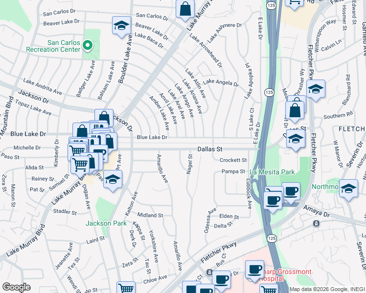 map of restaurants, bars, coffee shops, grocery stores, and more near 8560 Dallas Street in La Mesa