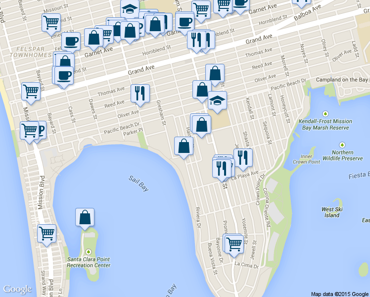 map of restaurants, bars, coffee shops, grocery stores, and more near 3982 Riviera Drive in San Diego