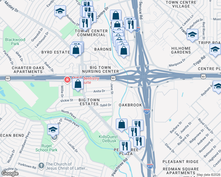 map of restaurants, bars, coffee shops, grocery stores, and more near 2208 U.S. 80 Frontage Road in Mesquite