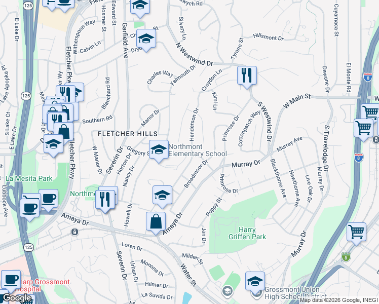 map of restaurants, bars, coffee shops, grocery stores, and more near 9490 Gregory Street in La Mesa