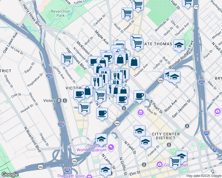 map of restaurants, bars, coffee shops, grocery stores, and more near 2011 Cedar Springs Road in Dallas