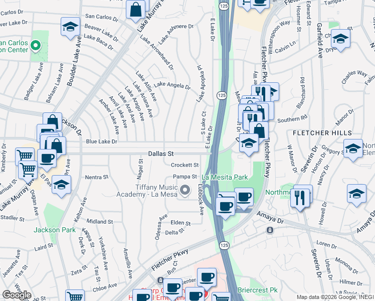 map of restaurants, bars, coffee shops, grocery stores, and more near 8758 Dallas Street in La Mesa