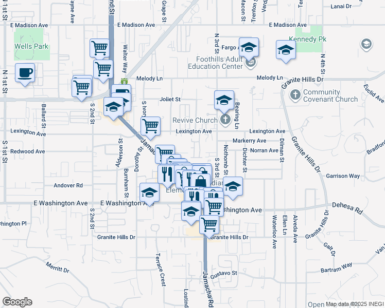 map of restaurants, bars, coffee shops, grocery stores, and more near 1444 Sunnyland Avenue in El Cajon