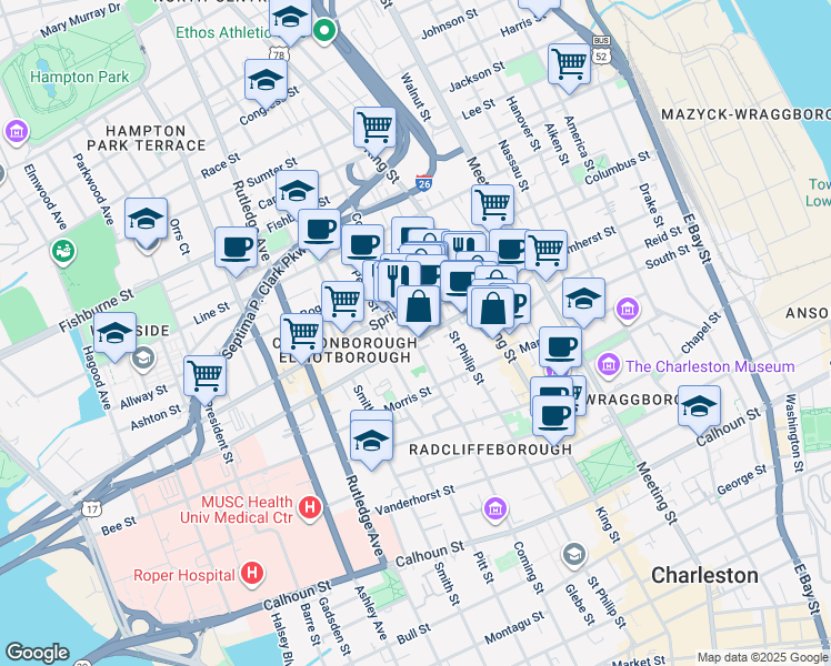 map of restaurants, bars, coffee shops, grocery stores, and more near 15 Brewster Court in Charleston
