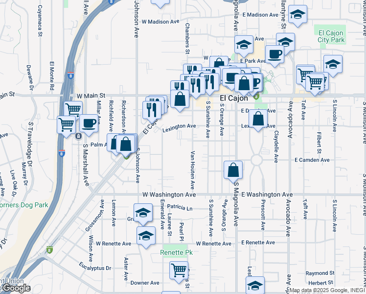 map of restaurants, bars, coffee shops, grocery stores, and more near 440 Van Houten Avenue in El Cajon