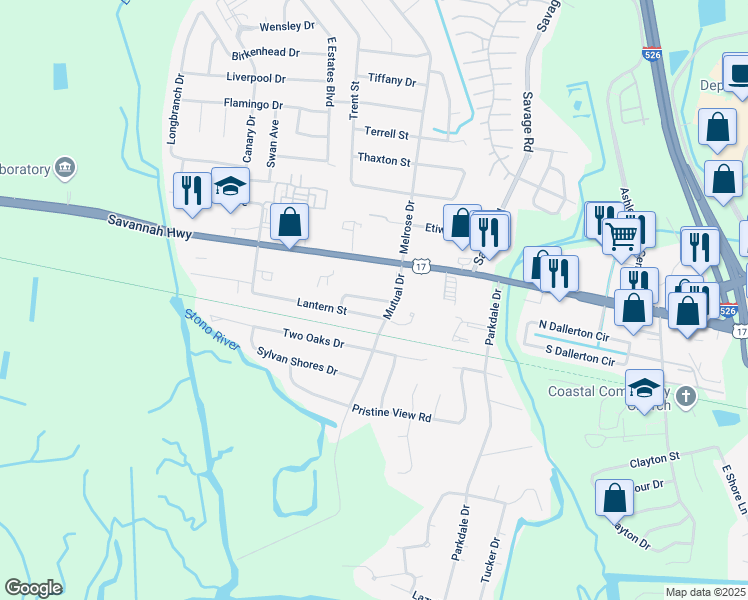 map of restaurants, bars, coffee shops, grocery stores, and more near 2412 Cherokee Hall Lane in Charleston