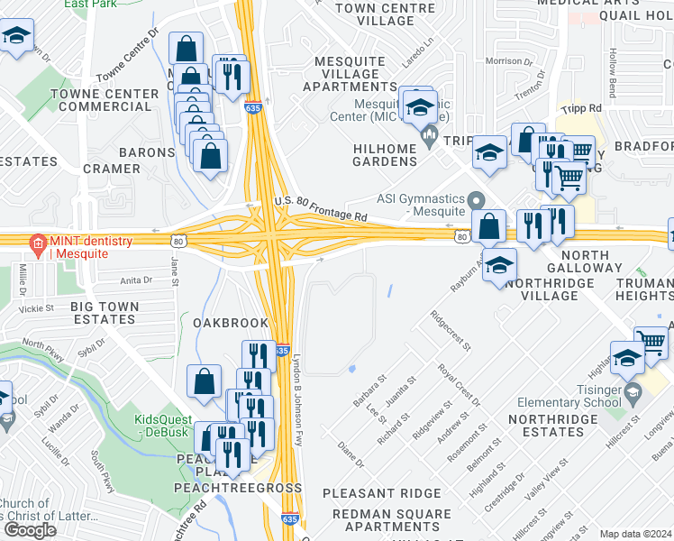 map of restaurants, bars, coffee shops, grocery stores, and more near 1630 U.S. 80 in Mesquite