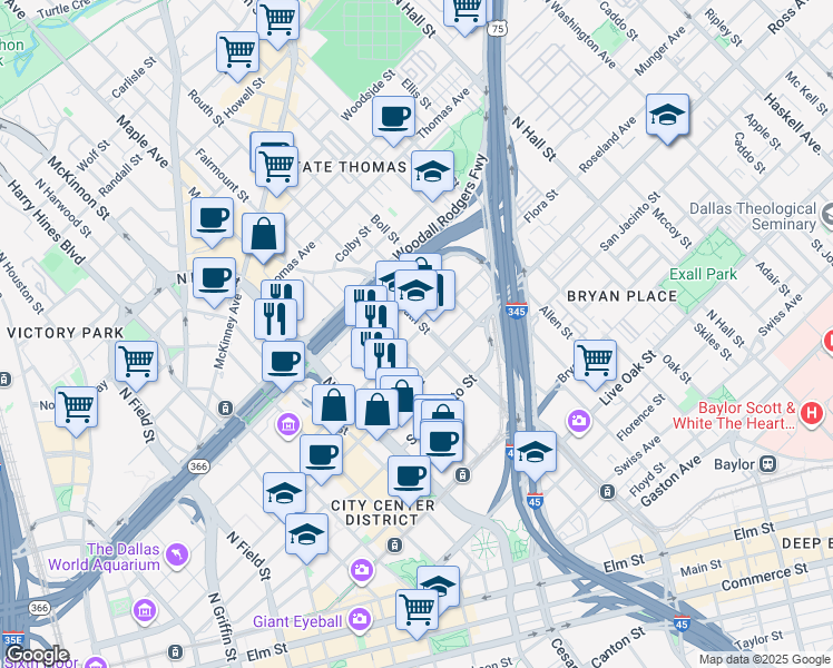 map of restaurants, bars, coffee shops, grocery stores, and more near 2520 Flora Street in Dallas