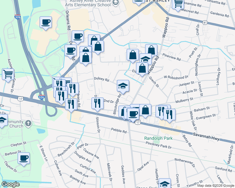 map of restaurants, bars, coffee shops, grocery stores, and more near 717 Blitchridge Road in Charleston