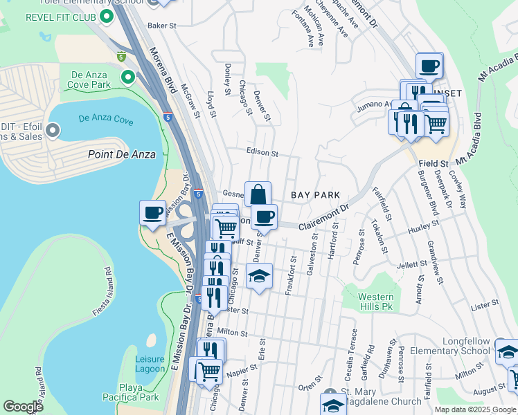 map of restaurants, bars, coffee shops, grocery stores, and more near 2530 Clairemont Drive in San Diego