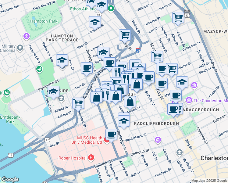map of restaurants, bars, coffee shops, grocery stores, and more near 24 Ashe Street in Charleston