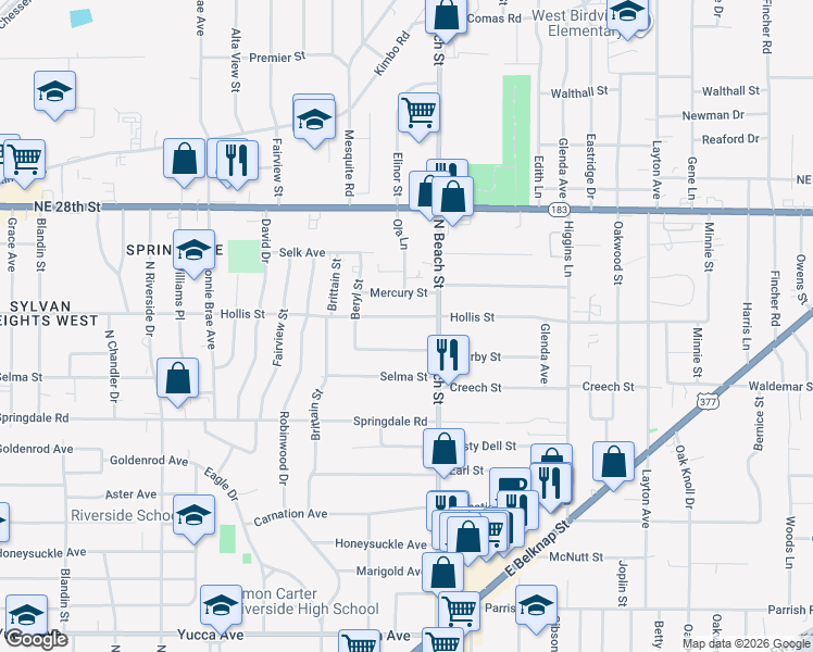 map of restaurants, bars, coffee shops, grocery stores, and more near 3829 Hollis Street in Haltom City