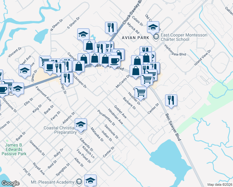 map of restaurants, bars, coffee shops, grocery stores, and more near 927 McCants Drive in Mount Pleasant