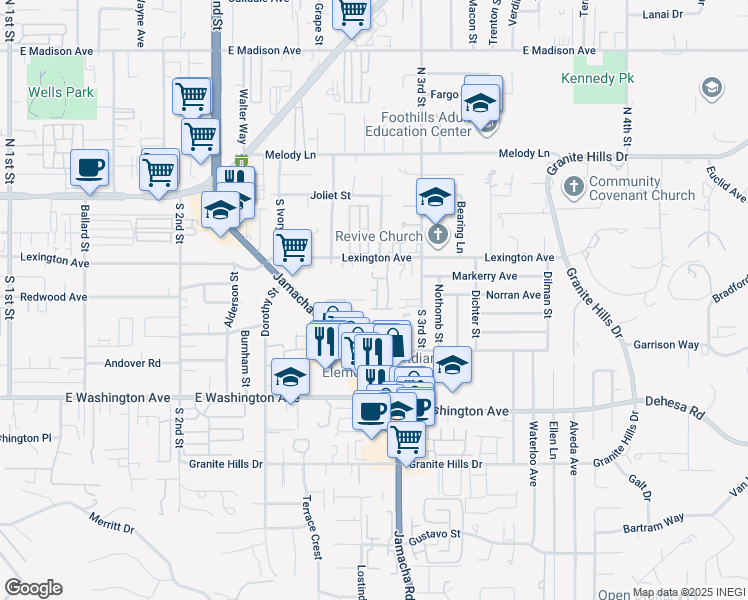 map of restaurants, bars, coffee shops, grocery stores, and more near 1444 Sunnyland Avenue in El Cajon