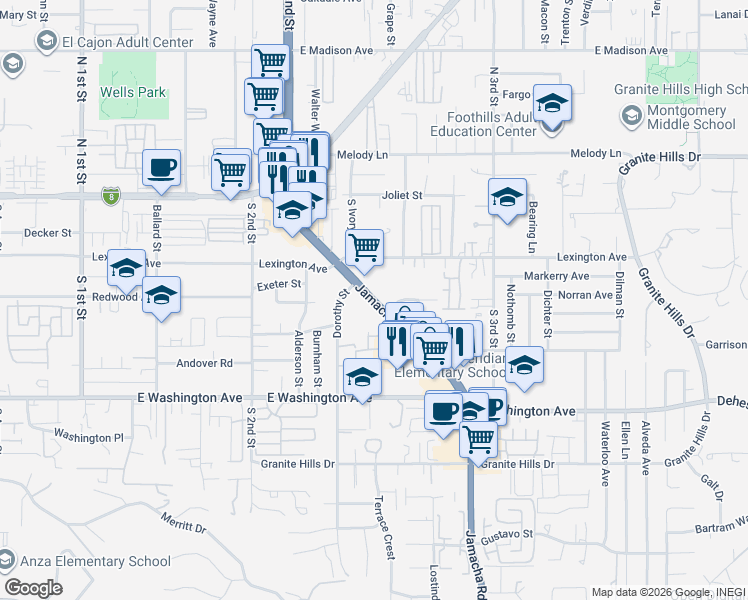 map of restaurants, bars, coffee shops, grocery stores, and more near 437 Jamacha Road in El Cajon
