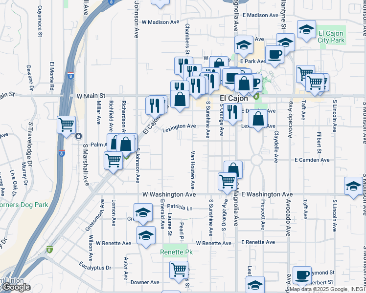 map of restaurants, bars, coffee shops, grocery stores, and more near 440 Van Houten Avenue in El Cajon