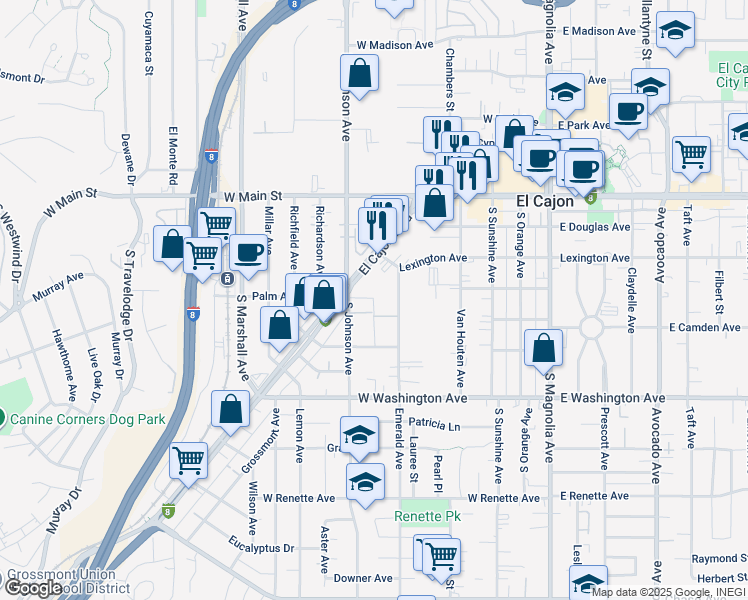 map of restaurants, bars, coffee shops, grocery stores, and more near 325 El Cajon Boulevard in El Cajon