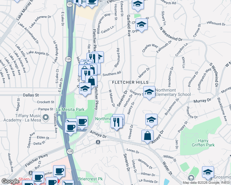 map of restaurants, bars, coffee shops, grocery stores, and more near 6199 West Manor Drive in La Mesa
