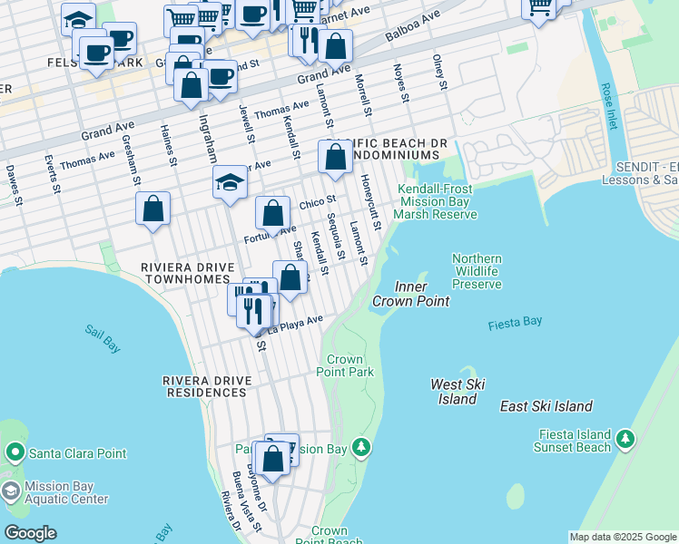 map of restaurants, bars, coffee shops, grocery stores, and more near 1804 Roosevelt Avenue in San Diego